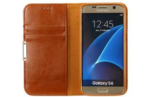 Luxury Leather Phone Cases Galaxy S6 Brown With Magnet / Card Pocket