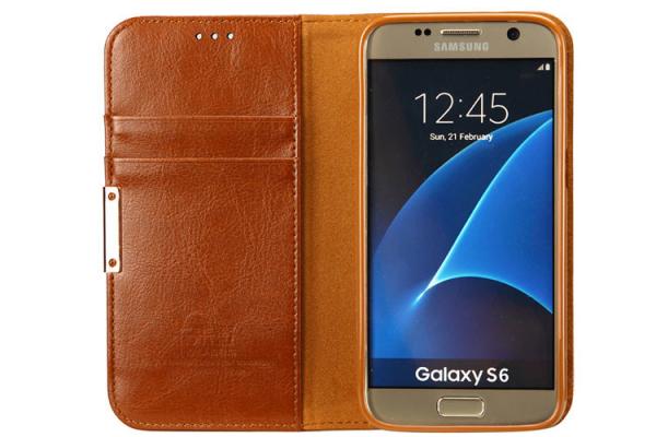 Quality Luxury Leather Phone Cases Galaxy S6 Brown With Magnet / Card Pocket for sale